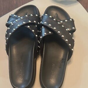 Black Studded Cross-Strap Slide Sandals - Women Size 9 Made in Italy